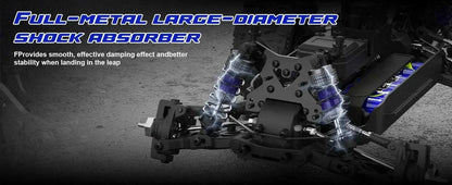 Full-metal large-diameter shock absorber for Lithium Battery RC Truck ensures stability and smooth performance on rough terrains.