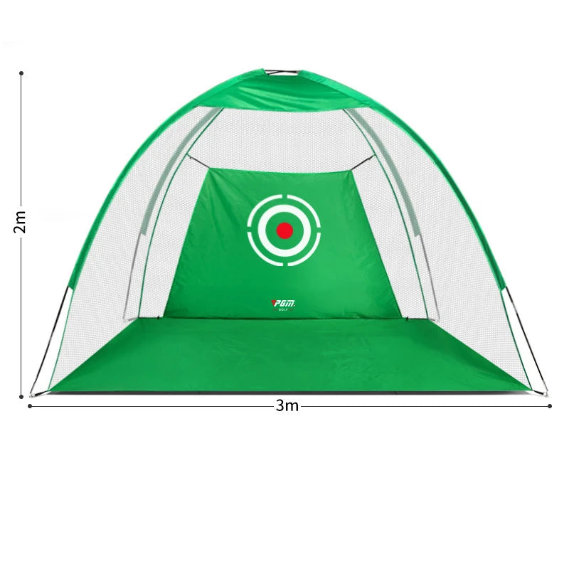 Indoor golf practice net displaying dimensions of 2m height and 3m width, suitable for practicing golf indoors.