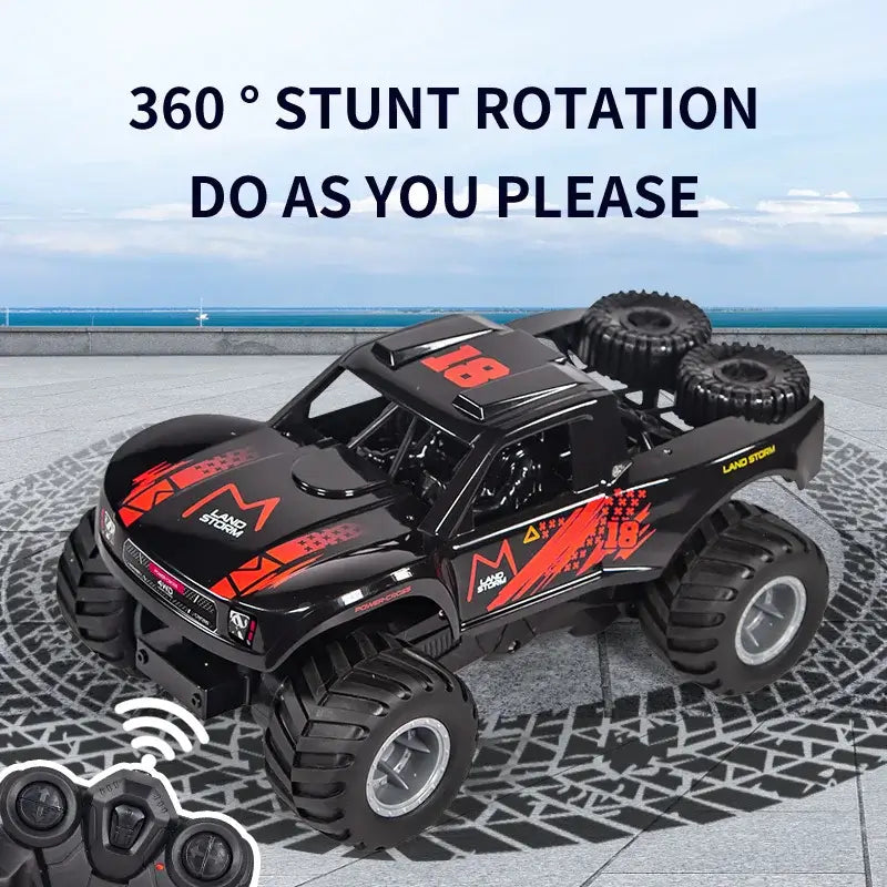 Four-wheel Drive Remote Control Car performing 360° stunt rotation on a stylish surface.