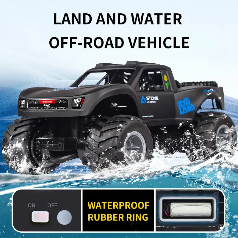 Four-wheel Drive Remote Control Car on land and water, showcasing its off-road capabilities and waterproof features.