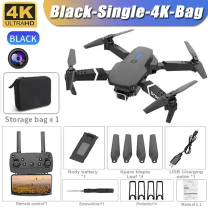 4K dual camera RC drone in black with remote control, storage bag, and accessories for professional aerial photography.