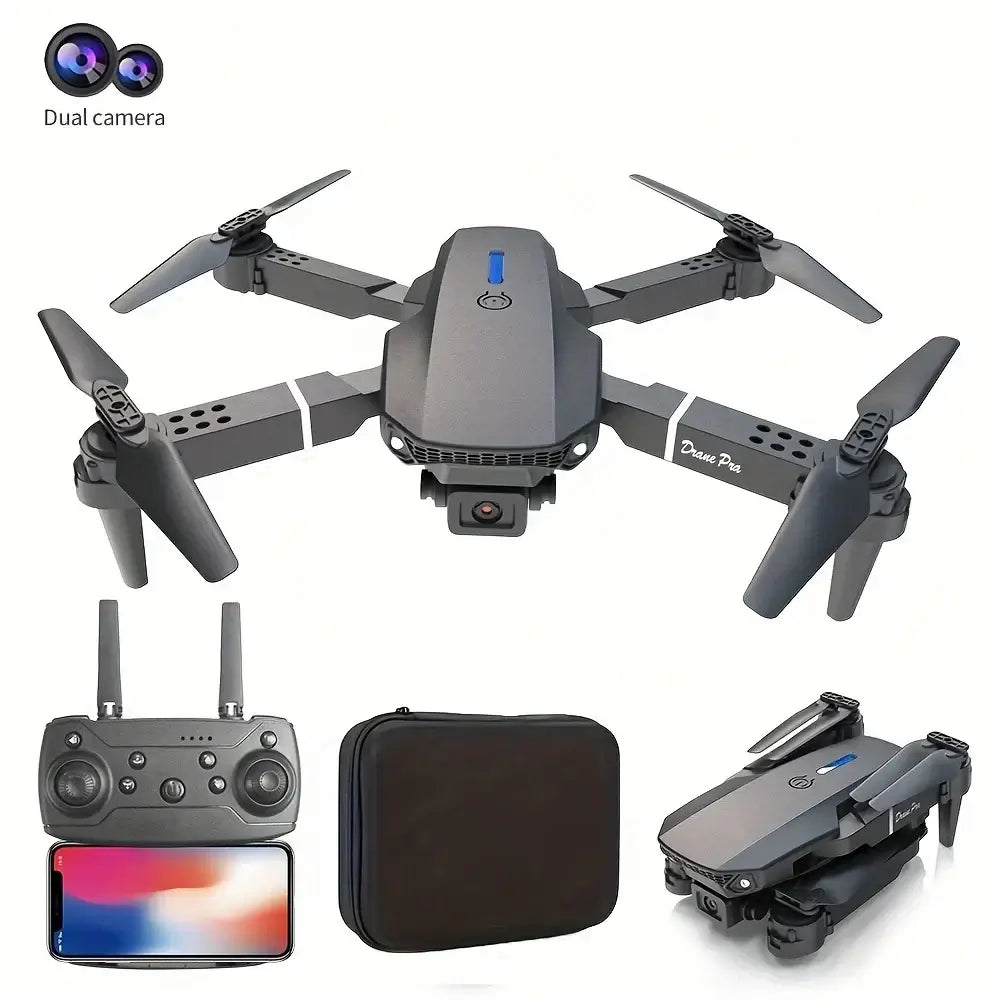 NEW Drone 4K Professinal with dual HD camera, remote controller, and carrying case displayed in a versatile setup.