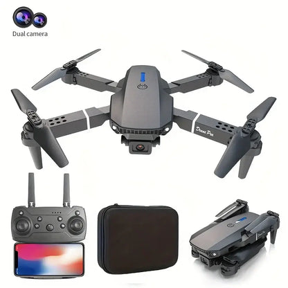 NEW Drone 4K Professinal with dual HD camera, remote controller, and carrying case displayed in a versatile setup.