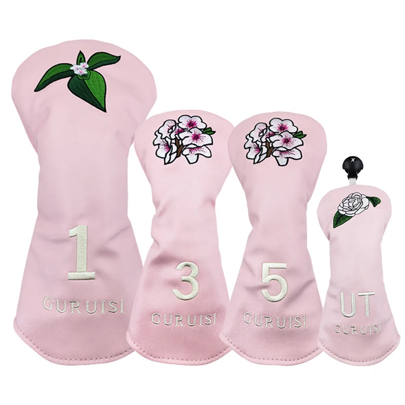 flower embroidery golf club head covers in pink with delicate floral designs for drivers and fairway woods.