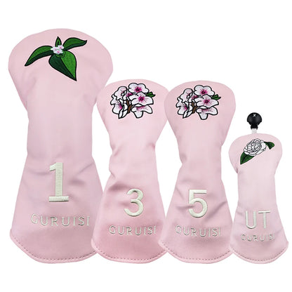 flower embroidery golf club head covers in pink with delicate floral designs for drivers and fairway woods.