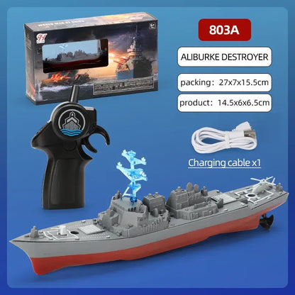 High-Speed Remote Control Ship with controller and charging cable, depiction of a grey simulation warship.
