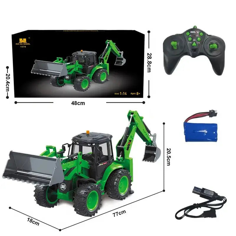 Huina 1534 Rc Truck Tractor 1/18 with remote control, displaying the tractor and controller, dimensions included.