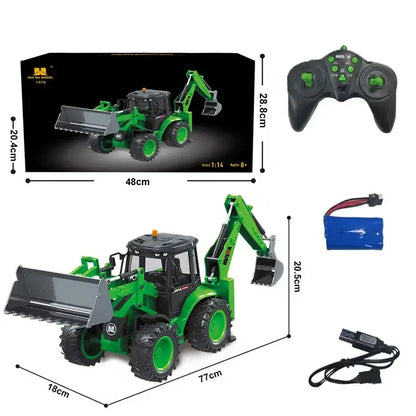 Huina 1534 Rc Truck Tractor 1/18 with remote control, displaying the tractor and controller, dimensions included.