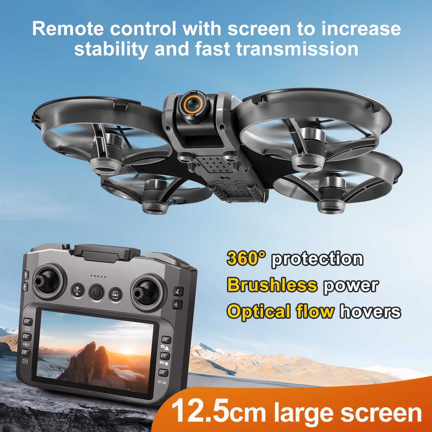 8K aerial photography drone remote control with 12.5cm large screen for stability and fast transmission.