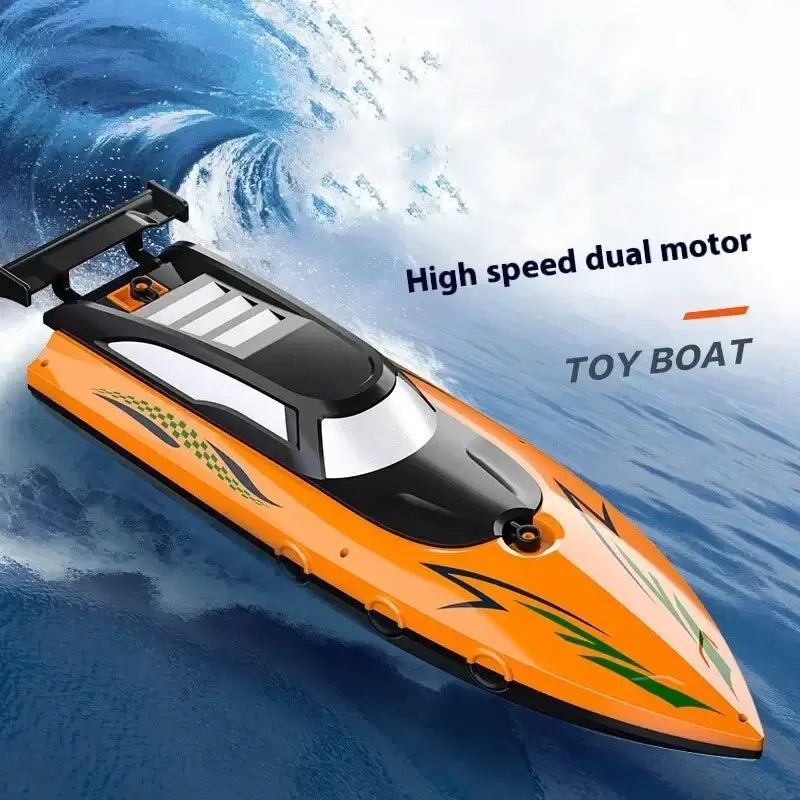 RC Battery Boat gliding over waves, showcasing high-speed dual motor features, perfect for outdoor fun.