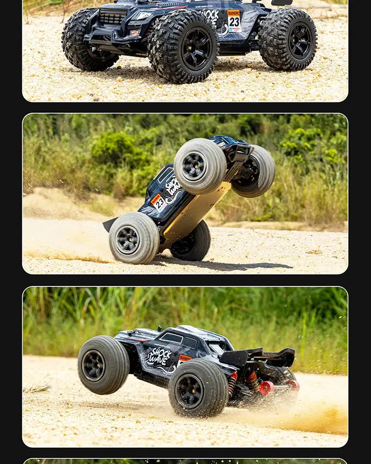 High-speed 4WD RC truck performing stunts in off-road terrain, showcasing incredible speed and durability.