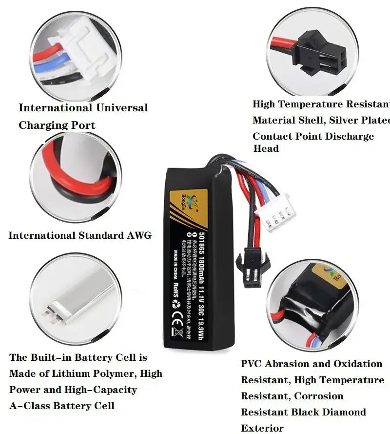 Lipo Battery for RC Car featuring 11.1V voltage, 30C discharge rate, and 1800mAh capacity for optimal performance.