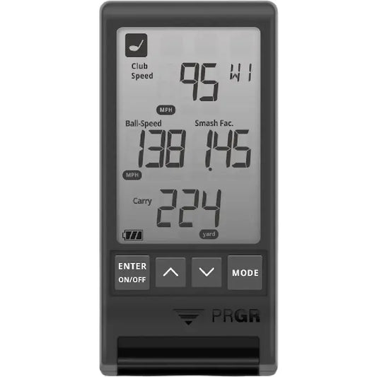 HS 130-A Portable Golf Monitor displaying club speed, ball speed, smash factor, and carry distance.