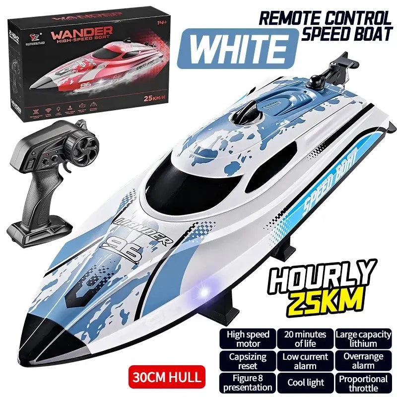 HJ820 RC Battery Boat 2.4Ghz 25km/h High-Speed Remote ControlExperience precision control on the water with the HJ820 RC Battery Boat, engineered for high-speed performance. This 2.4GHz remote control boat delivers impressive 25km/h speeds, making it idea