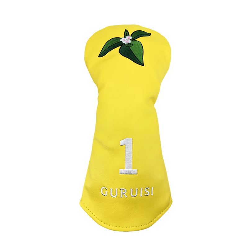 flower embroidery golf club head covers in bright yellow with leaf design for driver and fairway woods.