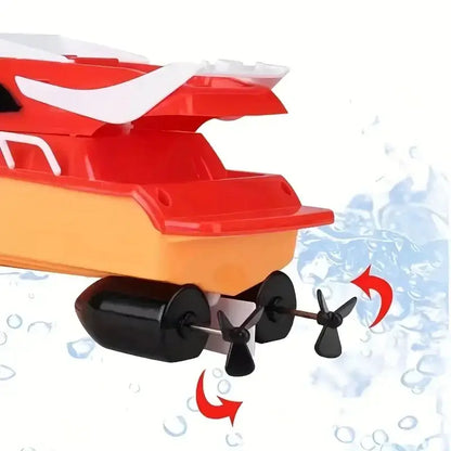 Dual propeller remote control speedboat displaying propellers and water splashes.