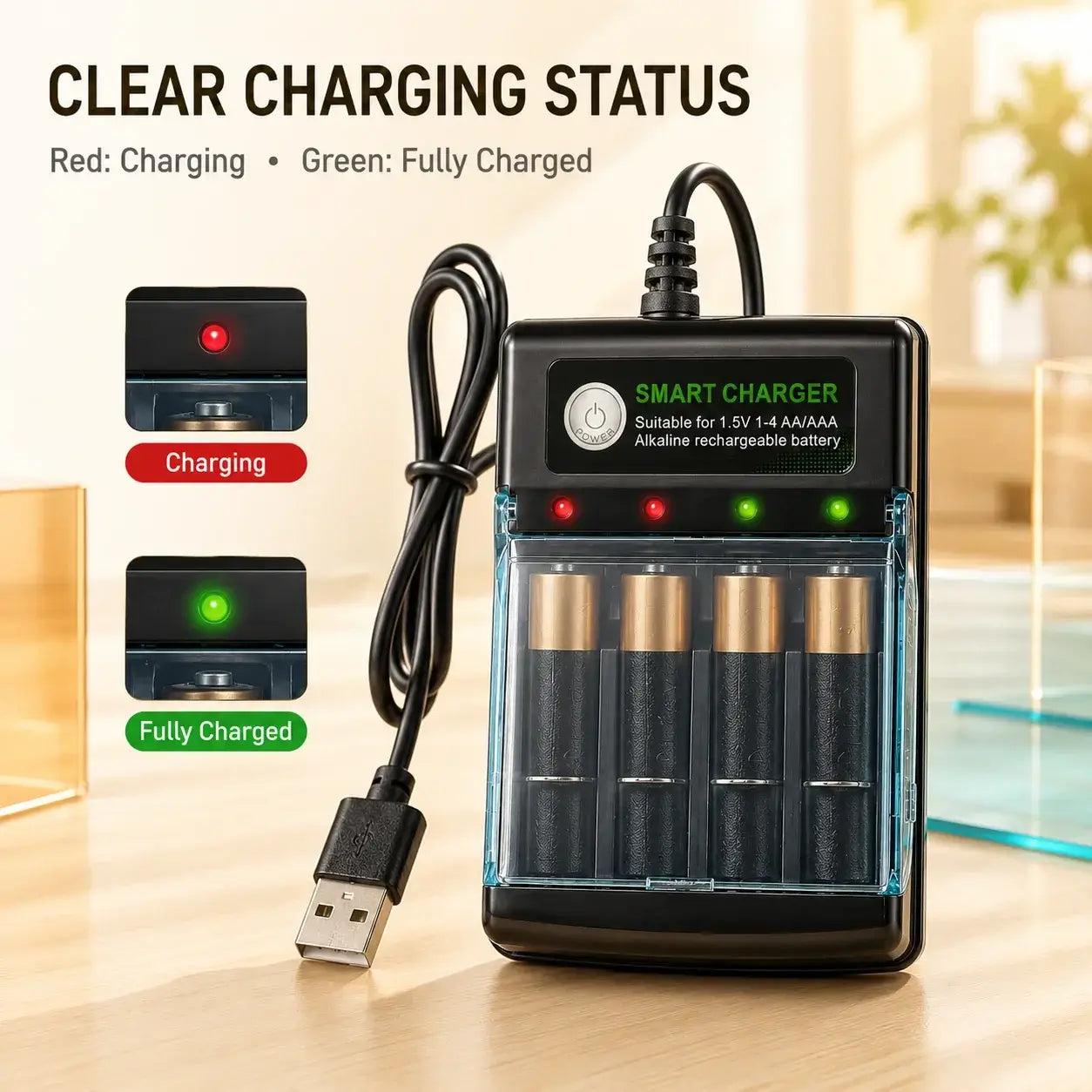 1.5V USB 4 Slots Charger showing clear charging status with red and green indicators for charging and fully charged, perfect for AA alkaline batteries.