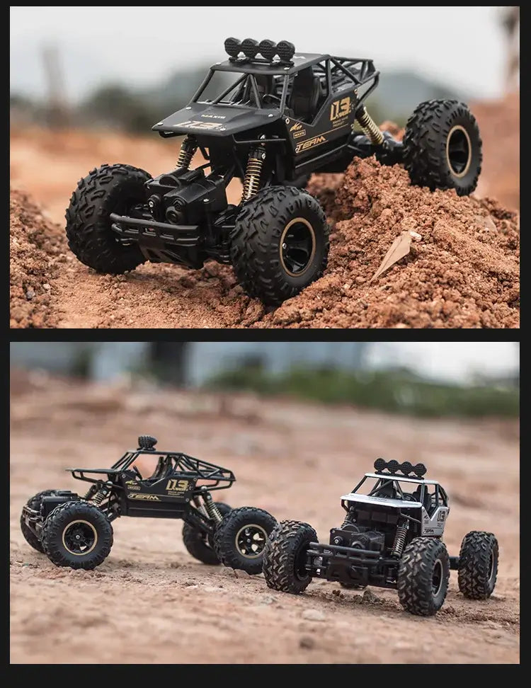 RC Car Remote Control Climbing Vehicle shown in a rugged outdoor terrain, showcasing its climbing capabilities.