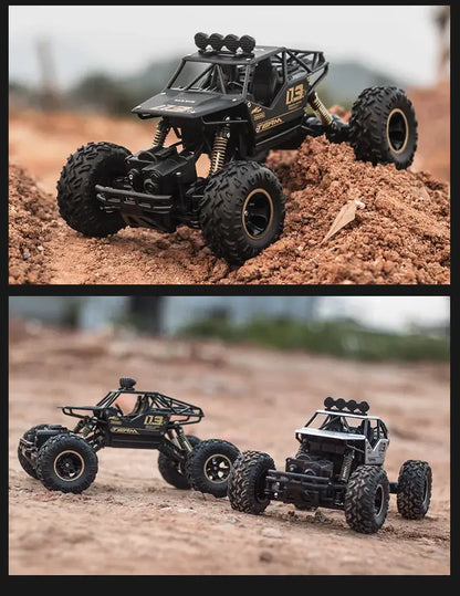 RC Car Remote Control Climbing Vehicle shown in a rugged outdoor terrain, showcasing its climbing capabilities.
