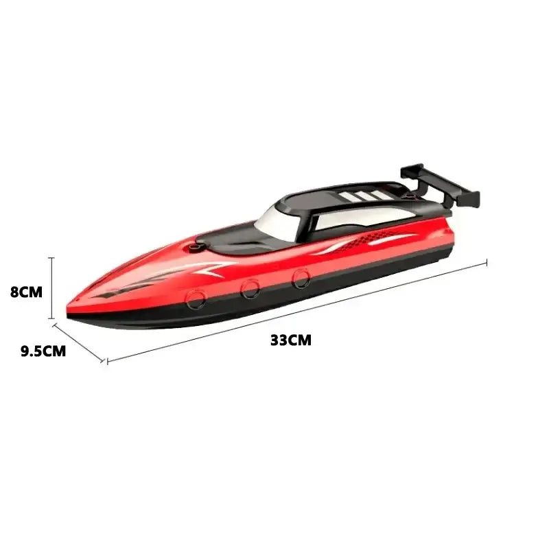 RC Battery Boat measuring 33cm by 8cm by 9.5cm, sleek red design, perfect for high-speed aquatic fun.