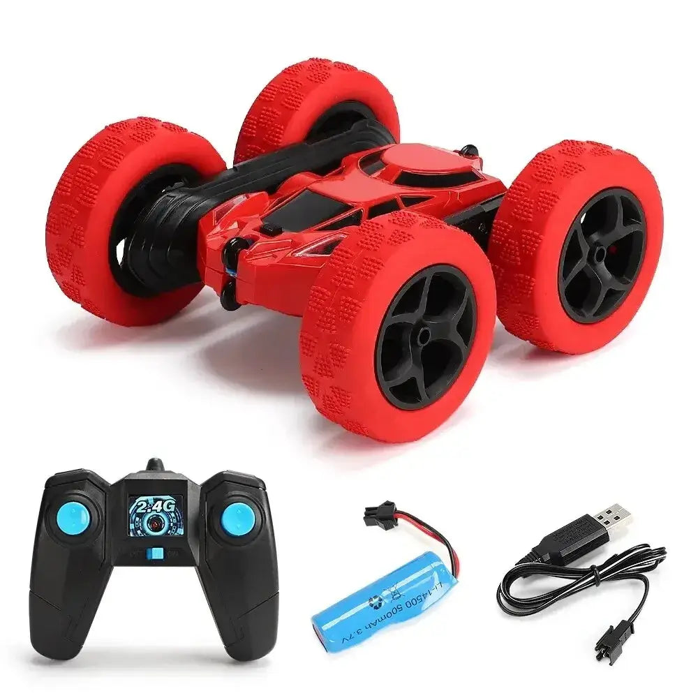 RC Stunt Car Children Double Sided with remote controller and battery charger for thrilling stunts and flips.