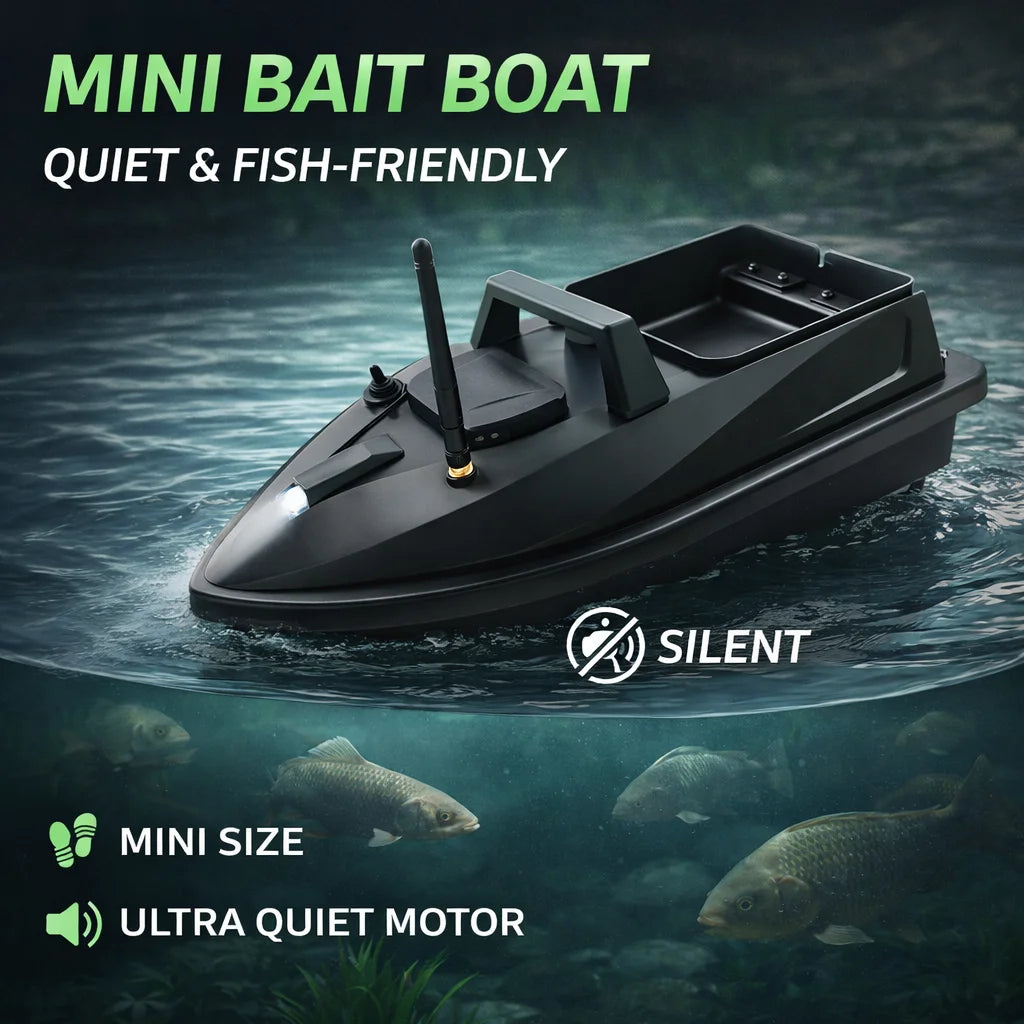 remote control bait boat in mini size with ultra-quiet motor for fishing, silent design, and fish-friendly features.