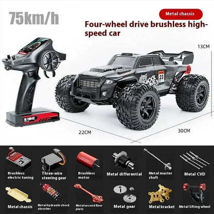 High-speed 4WD RC truck with remote control, showcasing its features and specifications, reaching speeds of 75km/h.