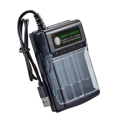1.5V USB 4 Slots Charger design with clear battery slots and USB cable for charging AA alkaline batteries.