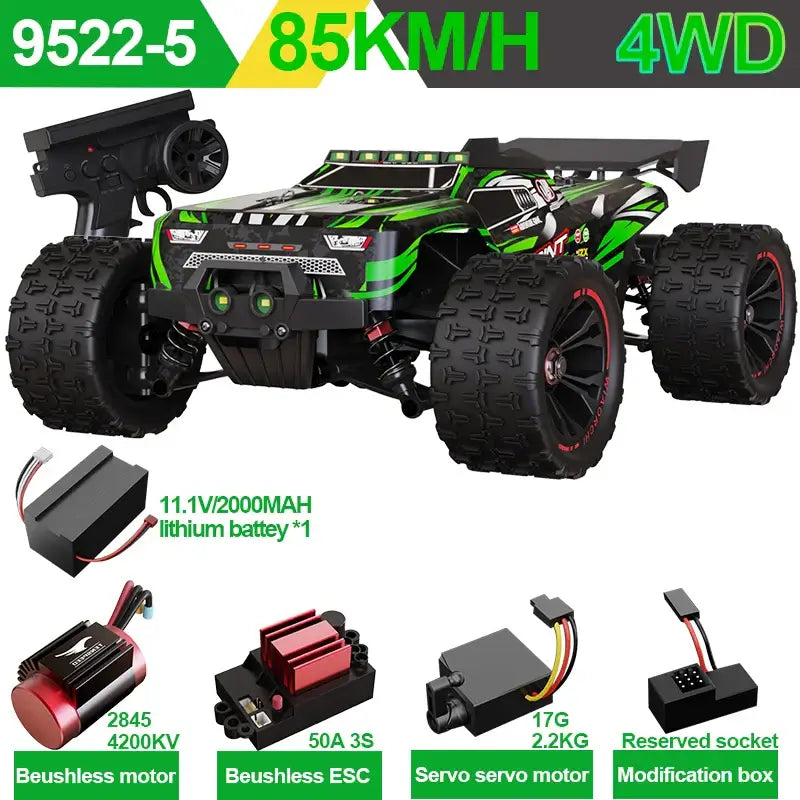 PRO 85KMH High Speed RC Car with brushless motor and 4WD capability, featuring a powerful lithium battery and remote control.