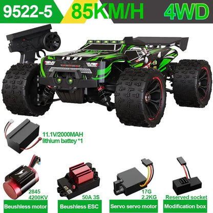 PRO 85KMH High Speed RC Car with brushless motor and 4WD capability, featuring a powerful lithium battery and remote control.