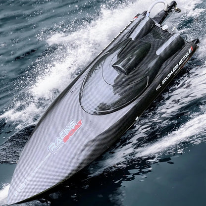 RC Speed Boat 2.4G 4WD 55KMH racing on water, showcasing sleek design and high-speed performance.