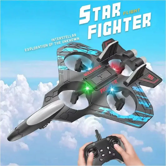 remote control fighter electric foam glider with a handheld controller flying in the sky among clouds