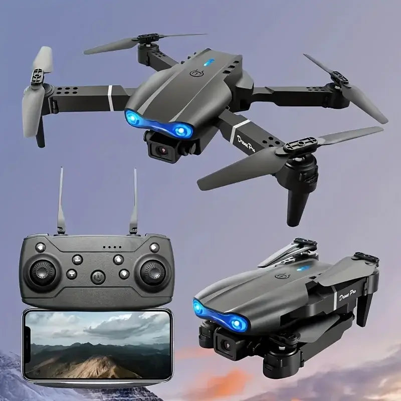 Drone With Dual Camera 2025 folded with remote control and smartphone displaying aerial footage.
