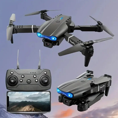 Drone With Dual Camera 2025 folded with remote control and smartphone displaying aerial footage.