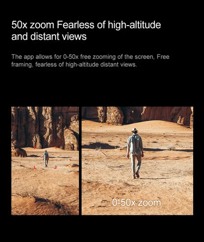 New E88 RC Drone 50x zoom app feature for high-altitude and distant views comparison image.