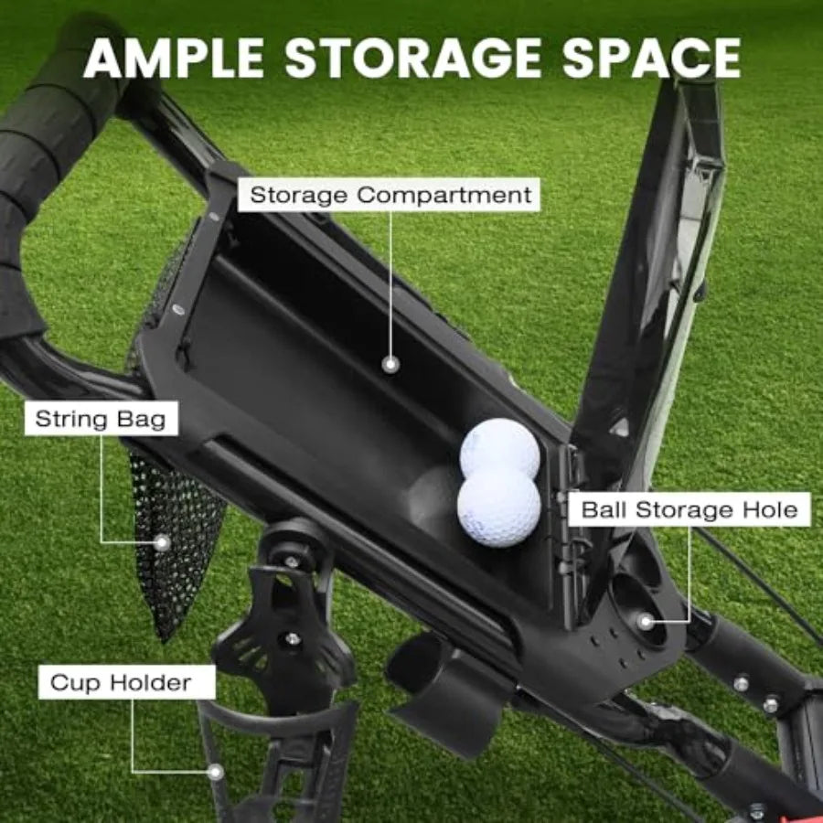 Ample storage space in 4-wheel golf push cart with compartment, cup holder, ball storage, and string bag.