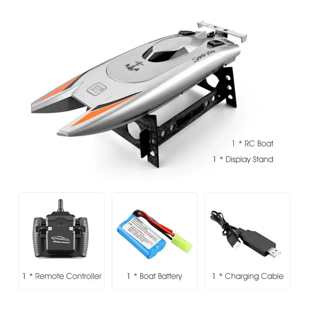 Radio RC Boat 30Kmh Racing Boat High Speed with remote controller, battery, charging cable, and display stand.