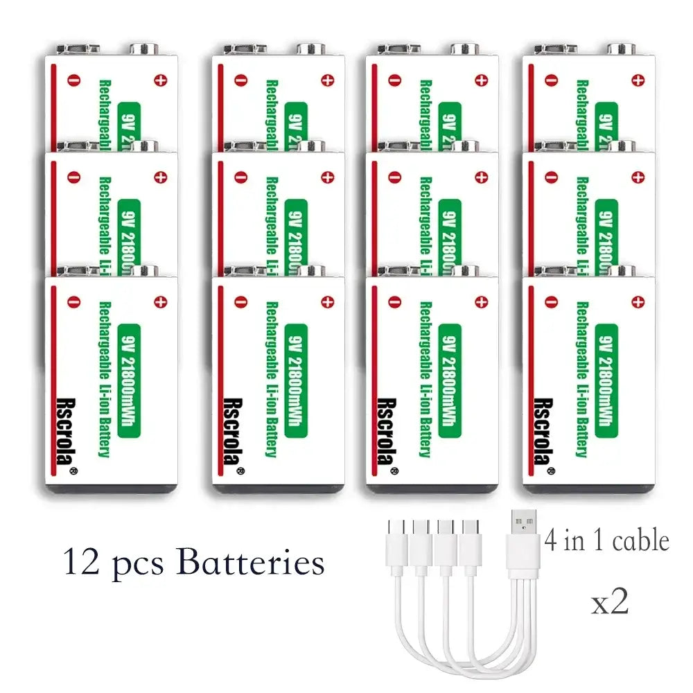 Rscrola 21800mWh 9V Lithium Rechargeable Battery with Type-C cable for various devices