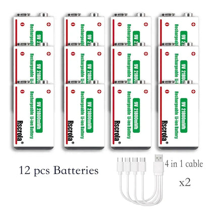 Rscrola 21800mWh 9V Lithium Rechargeable Battery with Type-C cable for various devices