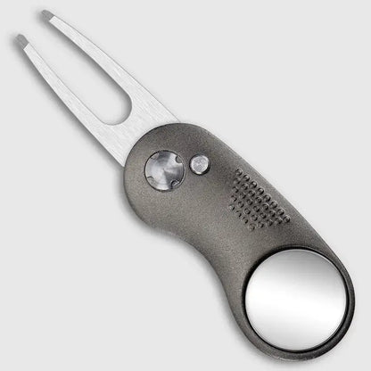 Metal Foldable Golf Divot Repair Tool displayed with a sleek design and dual-purpose fork and ball marker feature.