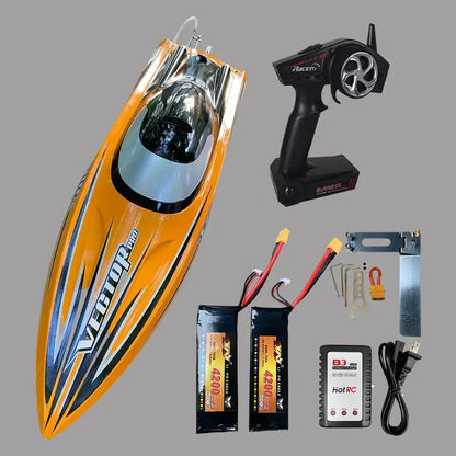 SR80 Pro. RTR 31.5 RC Boat with remote control, batteries, and accessories displayed on a gray background.