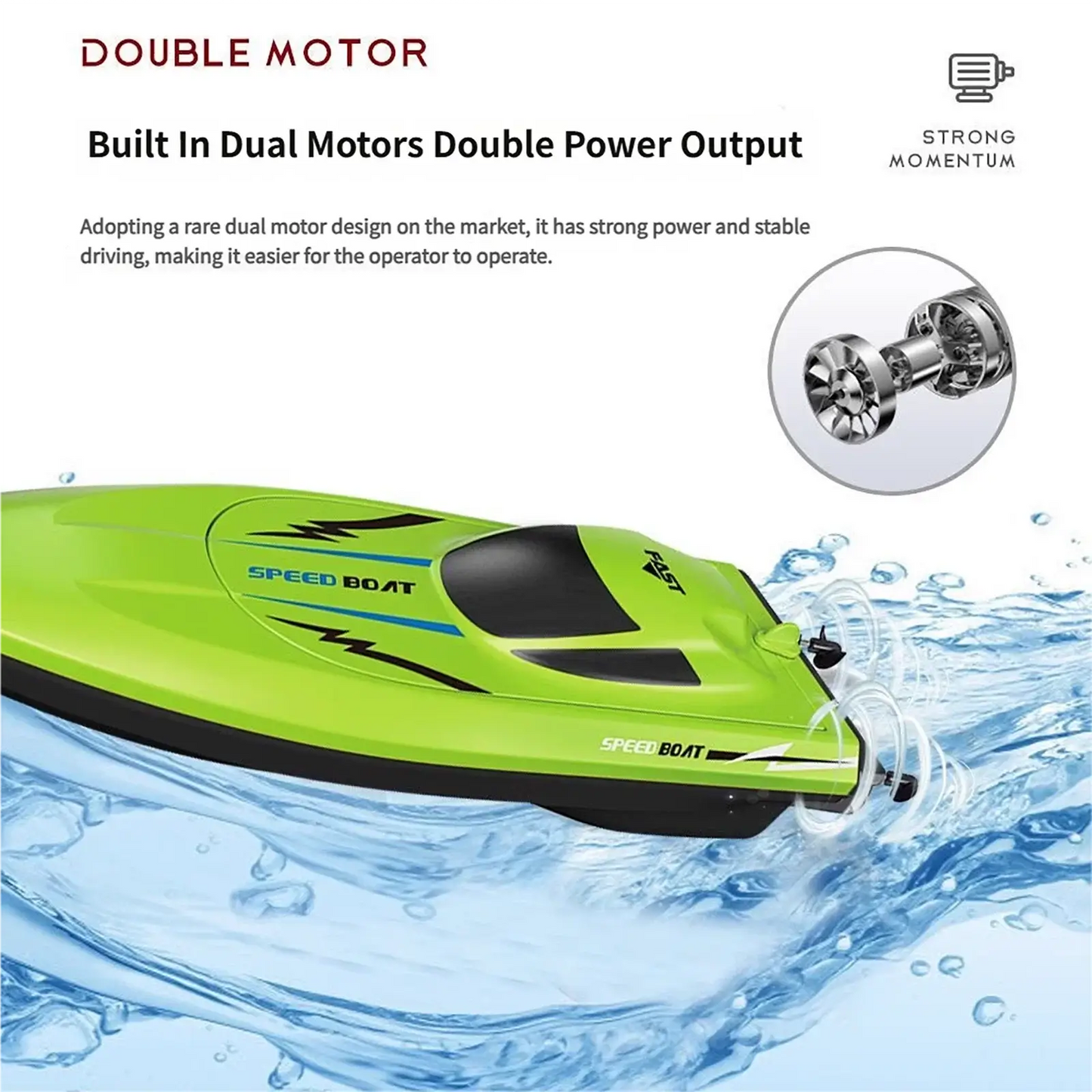 2.4G Remote Control Speed Boat with dual motors for strong momentum and stable driving on water.