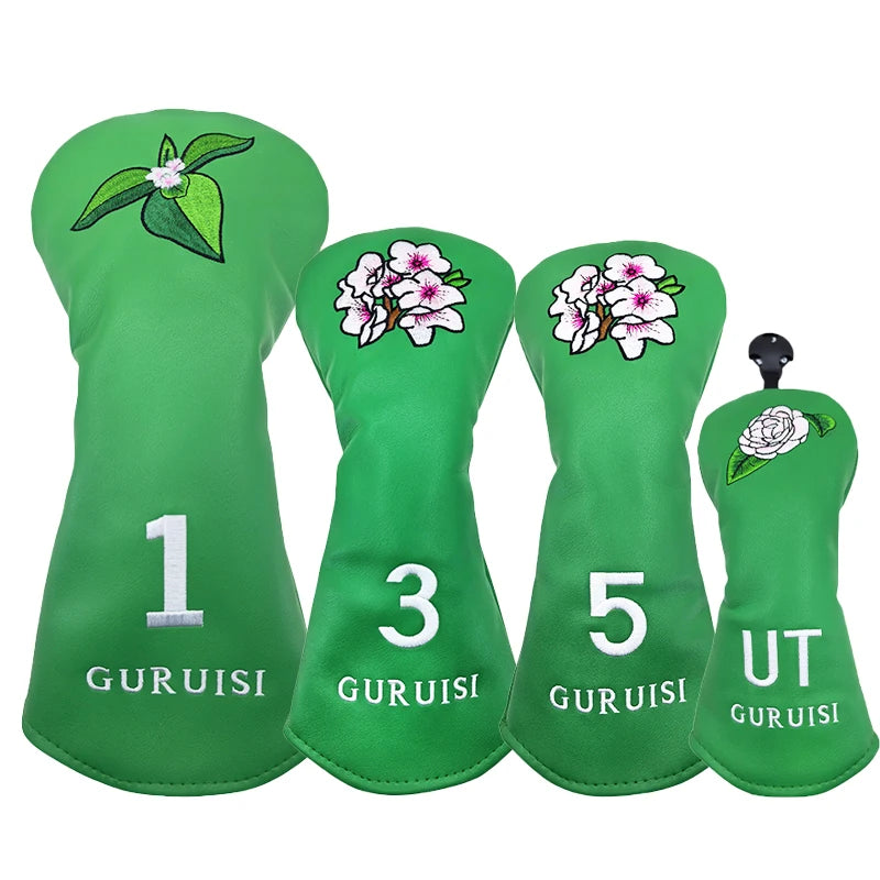 Flower embroidery golf club head covers in green for driver, fairway woods, and utility clubs with elegant design.