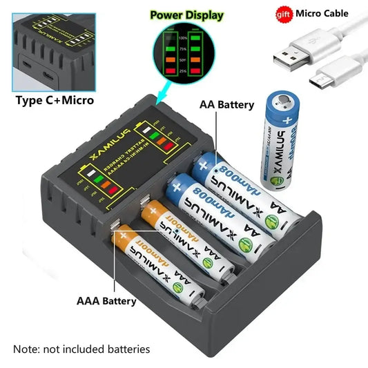 Battery Charger 4 Slot Intelligent Fast Charge With Indicator, power display, USB cable, compatible with AA and AAA batteries.