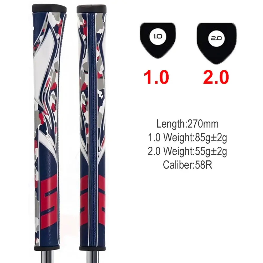 Golf Putter Grip Pistol 1.0/2.0 Camo design with specifications for length and weight.