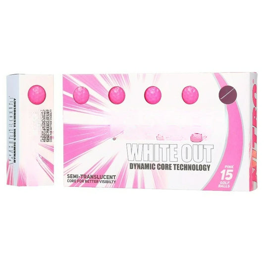 White Out Golf Balls packaging displaying pink golf balls with dynamic core technology, 15 pieces, designed for better visibility.
