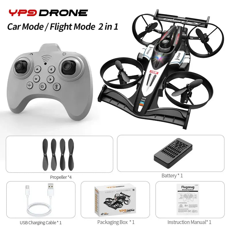 RC Flying Drift Cars Professional with controller, propellers, USB cable, battery, box, and manual for 2-in-1 functionality.