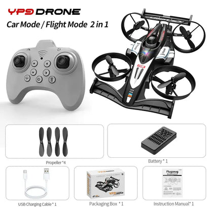 RC Flying Drift Cars Professional with controller, propellers, USB cable, battery, box, and manual for 2-in-1 functionality.