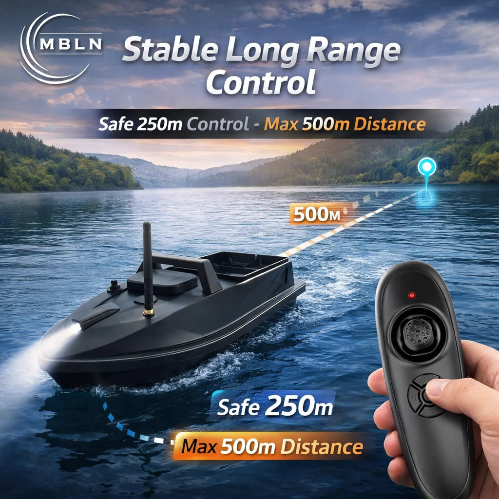 remote control bait boat with stable long range control, 500m distance capability and ergonomic remote joystick