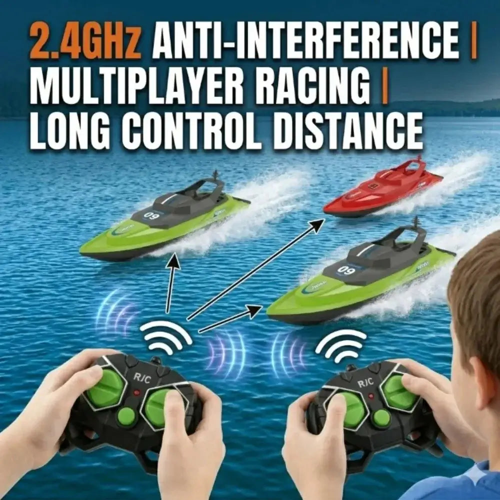 Waterproof high-speed RC boat for kids racing with remote controllers on a lake.